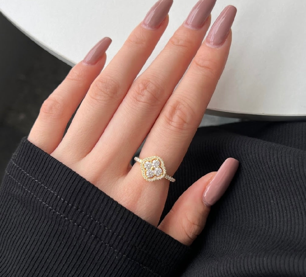 RISHA 5A CZ CLOVER RING S925 18K GOLD PLATED